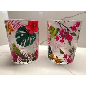 Set 2 RARE PartyLite Candle Holder Lime Green Pink Tropical Floral Hibiscus Bird